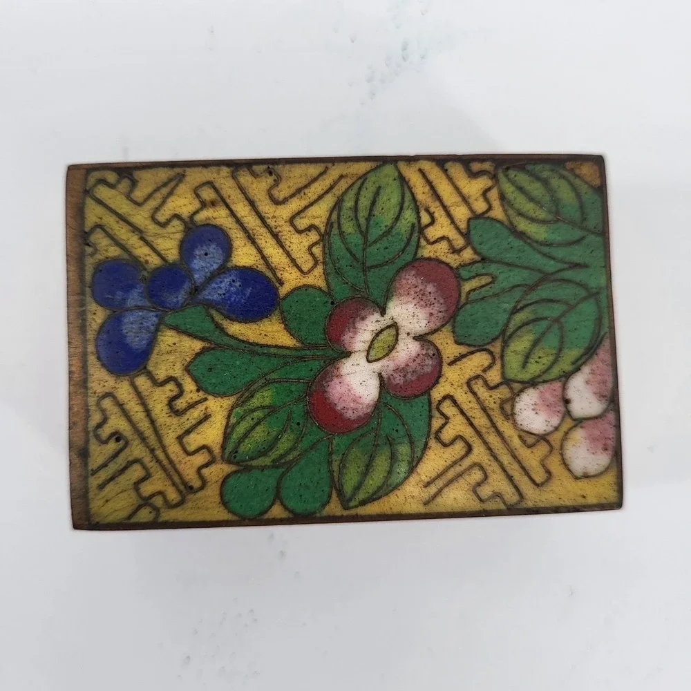 Antique Chinese Cloisonne‎ Enamel Matchbox Holder Floral Brass